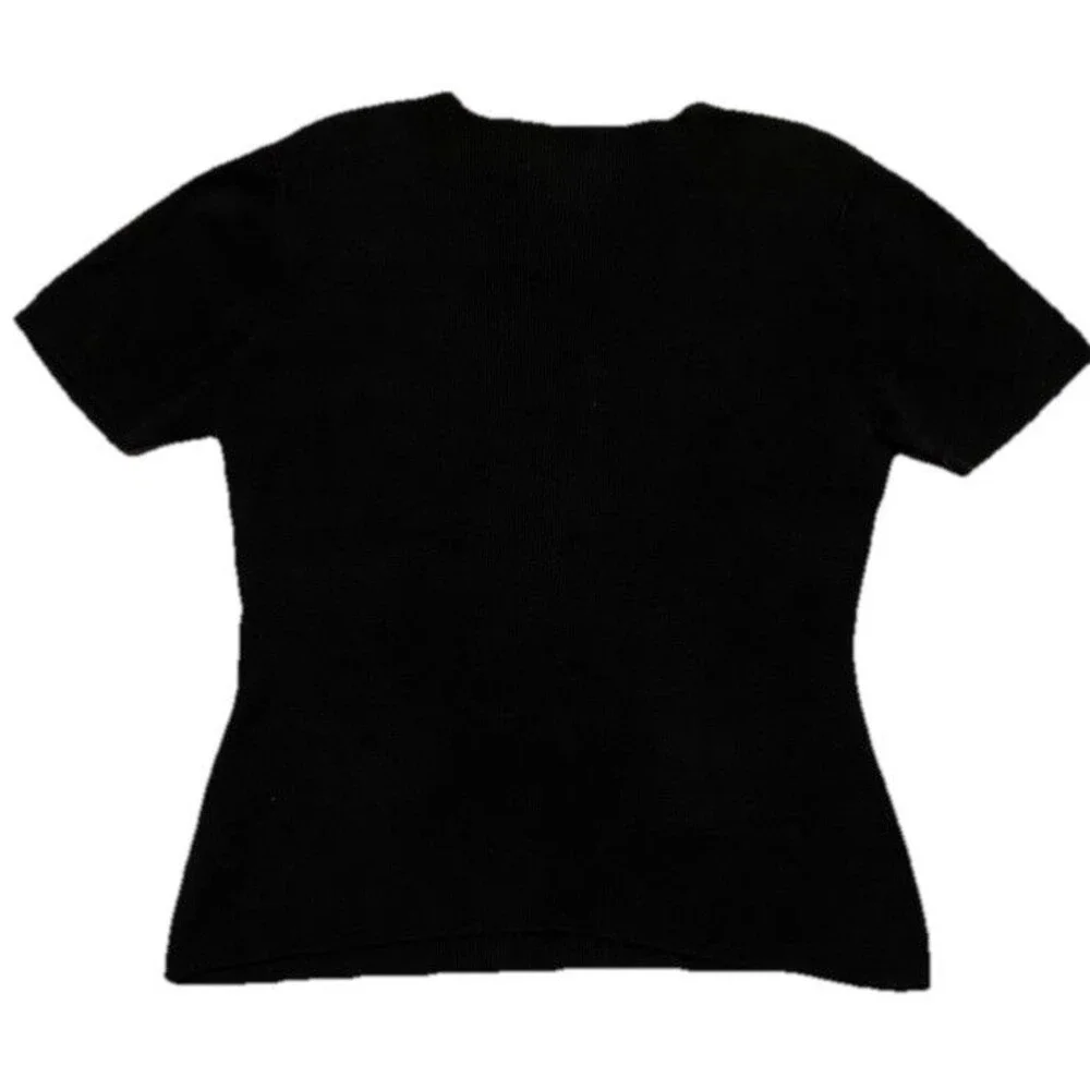 Yarn Works Womens M Black Short Sleeve Knit Textured Stretch Blouse Top Pullover